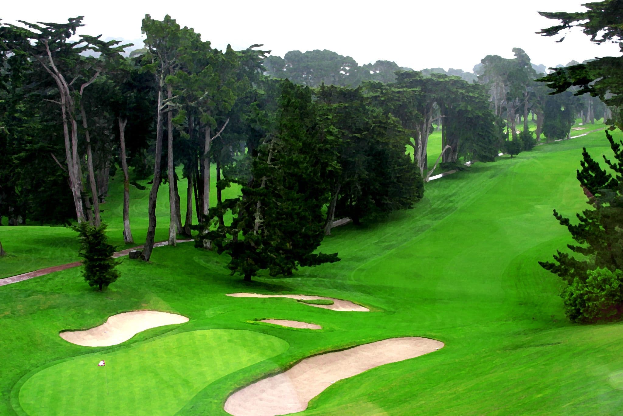 The Olympic Club Lake Course lined with eucalyptus and cypress trees, San Francisco — six-time U.S. Open host